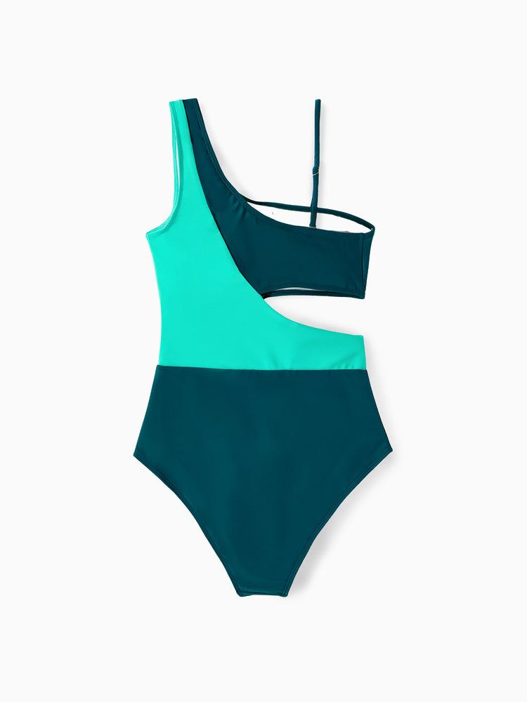 Mommy & me Colorblock One Shoulder Cut Out One-piece Swimsuit  DeepTurquoise