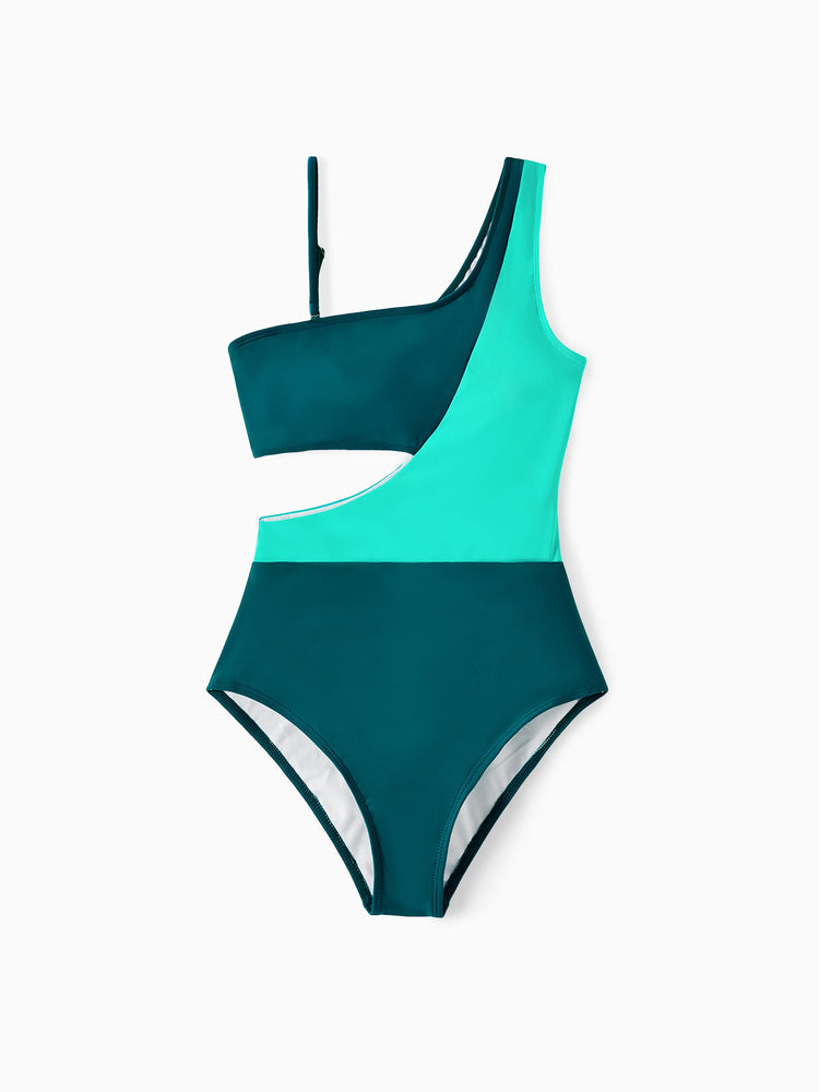 Mommy & me Colorblock One Shoulder Cut Out One-piece Swimsuit  DeepTurquoise