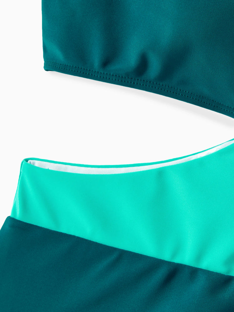 Mommy & me Colorblock One Shoulder Cut Out One-piece Swimsuit  DeepTurquoise