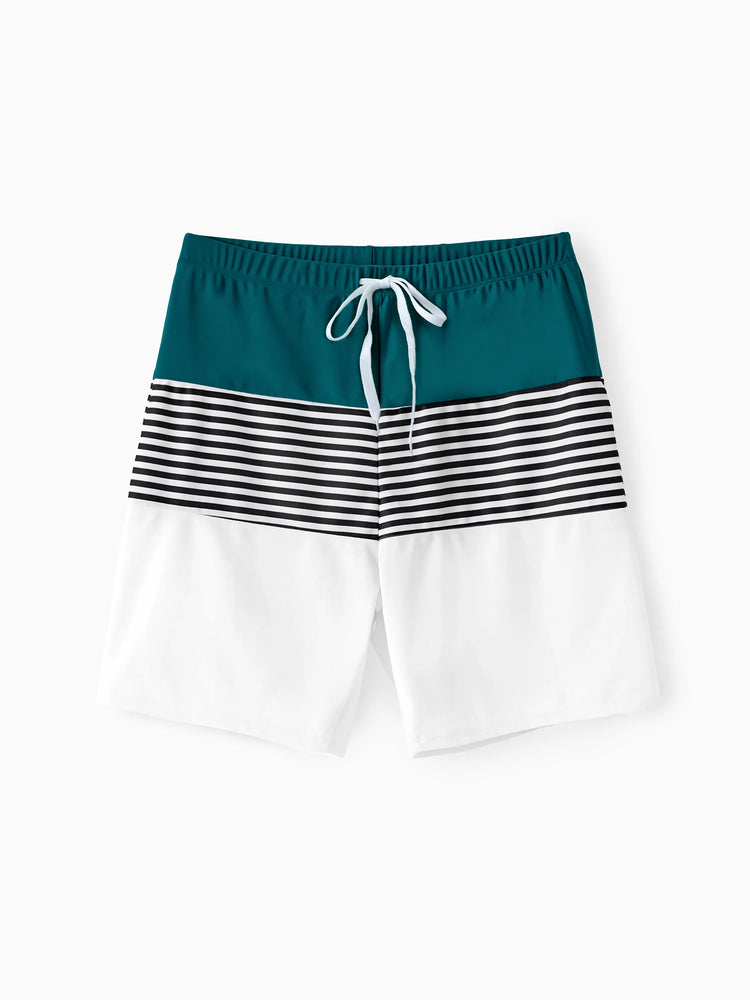 Daddy & Son Colorblock Striped Spliced Swim Trunks Shorts DeepTurquoise