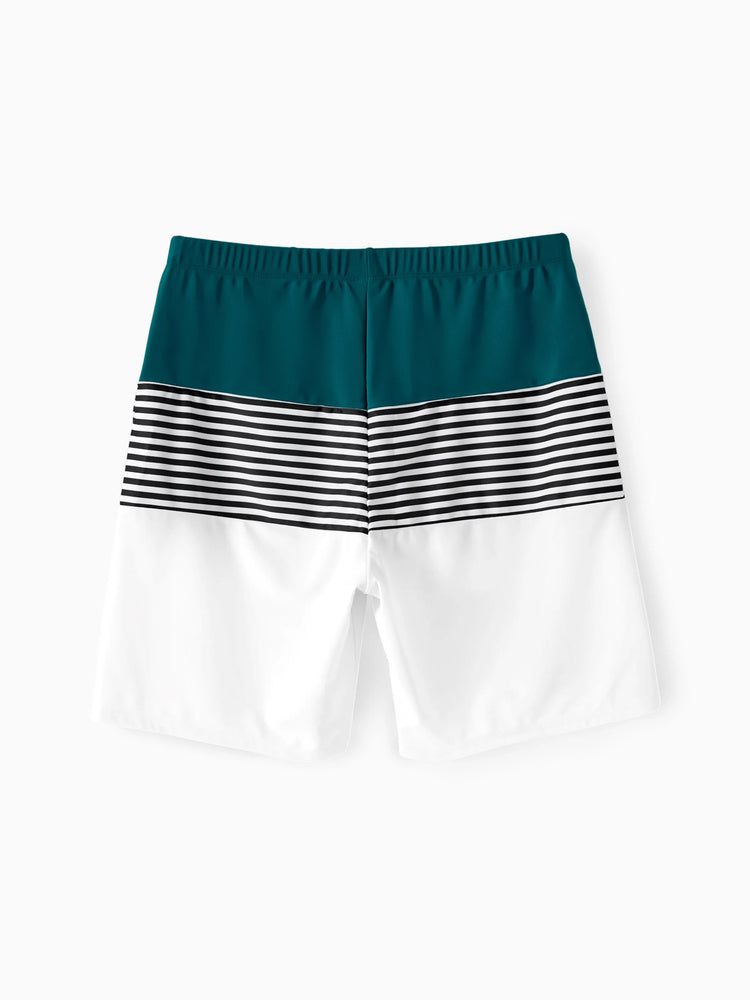 Daddy & Son Colorblock Striped Spliced Swim Trunks Shorts DeepTurquoise