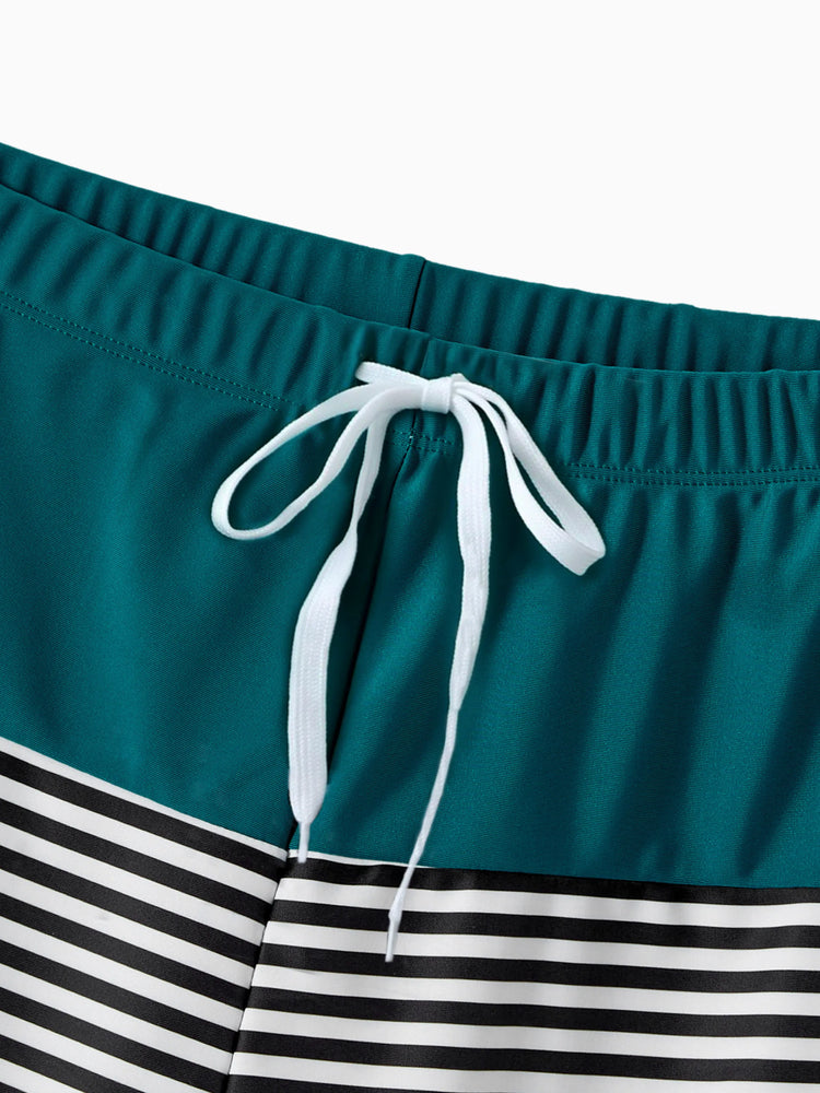 Daddy & Daughter Colorblock One Shoulder Cut Out One-piece Swimsuit and Striped Spliced Swim Trunks Shorts DeepTurquoise