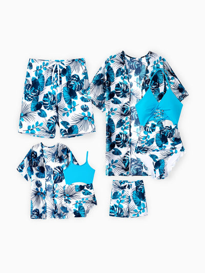 Family Matching Drawstring Swim Trunks or Cut Out Lace UP Back One-Piece Swimsuit BLUEWHITE