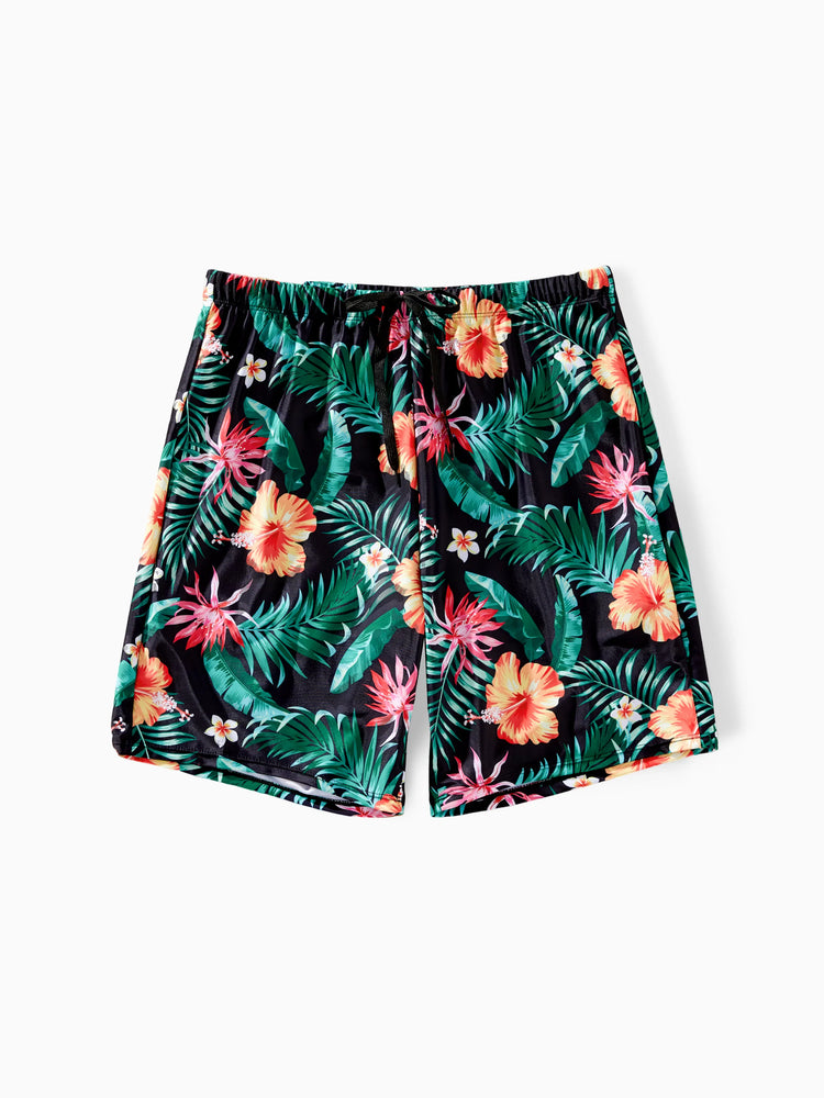 Family Matching Tropical Print Swimwear Set V-Neck Bikini & Swim Trunks Black