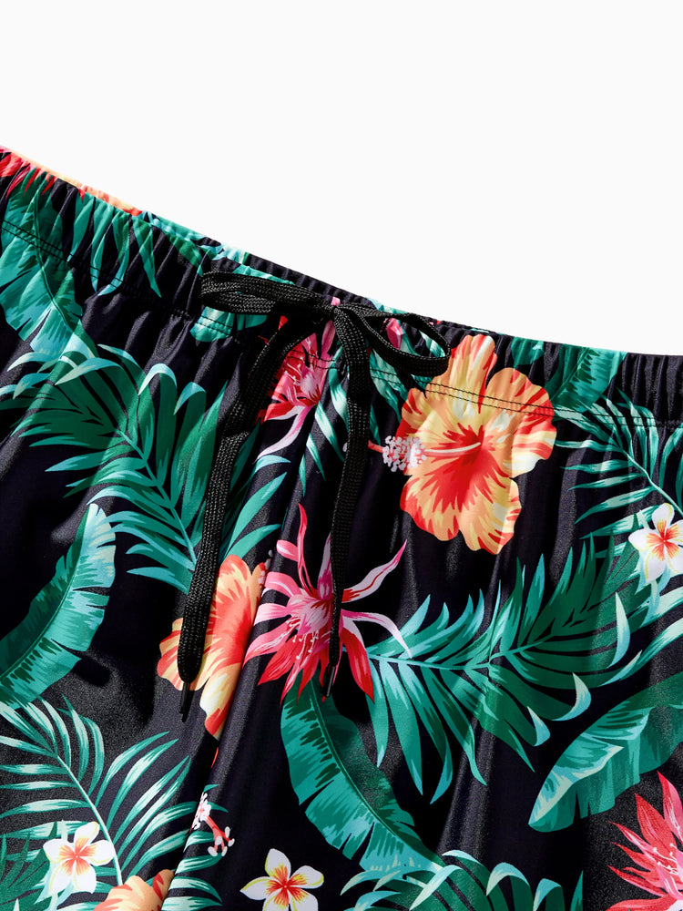 Family Matching Tropical Print Swimwear Set V-Neck Bikini & Swim Trunks Black