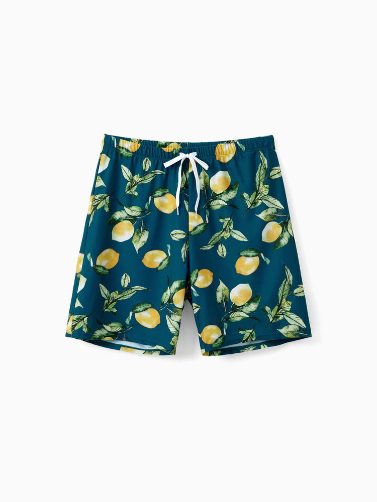 Maillot de bain deux pièces ou short de bain assorti à imprimé citron et col licou uni multicolore