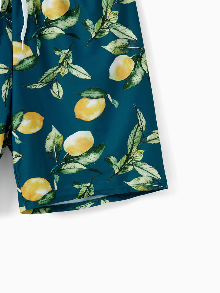 Maillot de bain deux pièces ou short de bain assorti à imprimé citron et col licou uni multicolore