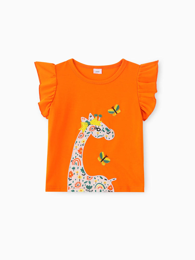 Toddler Girl  2PCS Childlike Giraffe Flutter Sleeve Top and Shorts Set Incarnadinepink