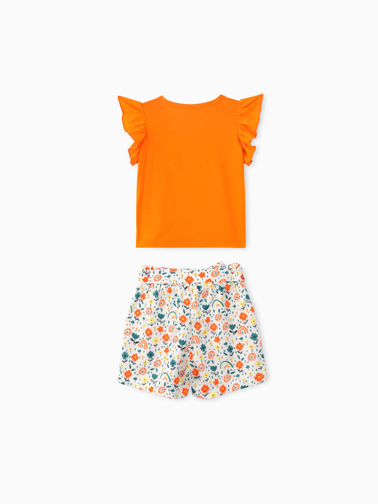Toddler Girl  2PCS Childlike Giraffe Flutter Sleeve Top and Shorts Set Incarnadinepink