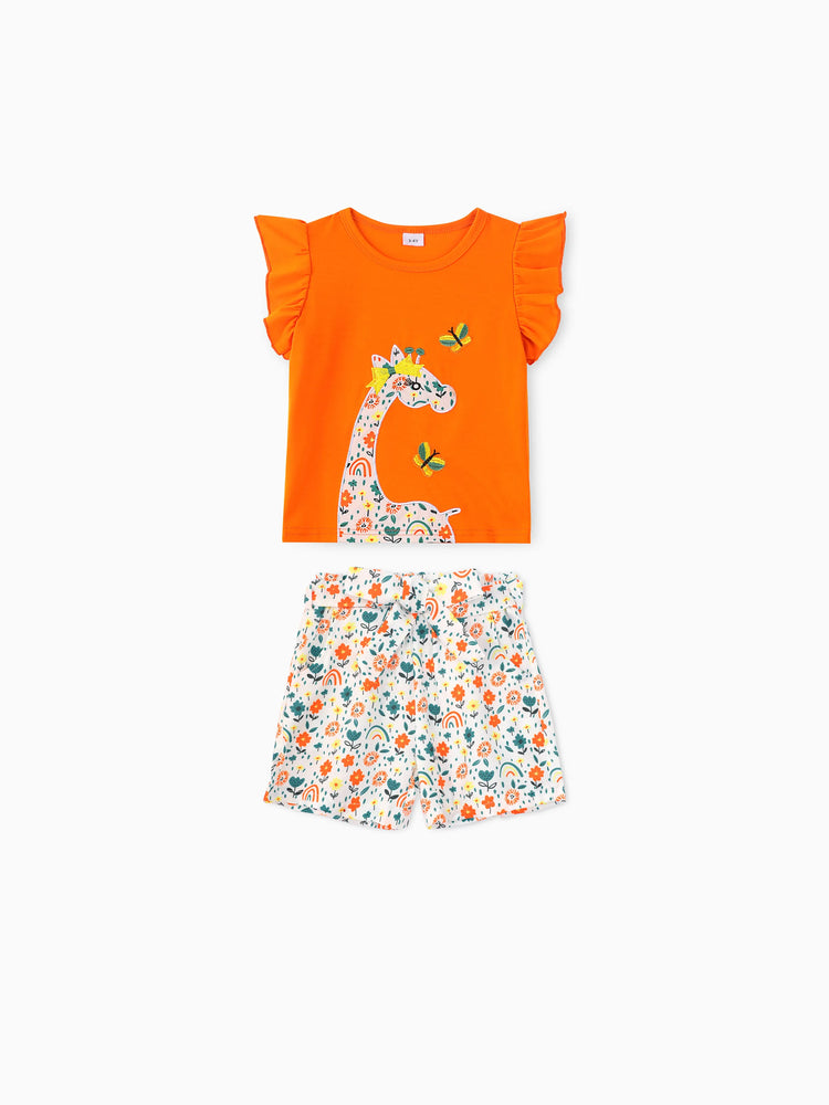 Toddler Girl  2PCS Childlike Giraffe Flutter Sleeve Top and Shorts Set Incarnadinepink