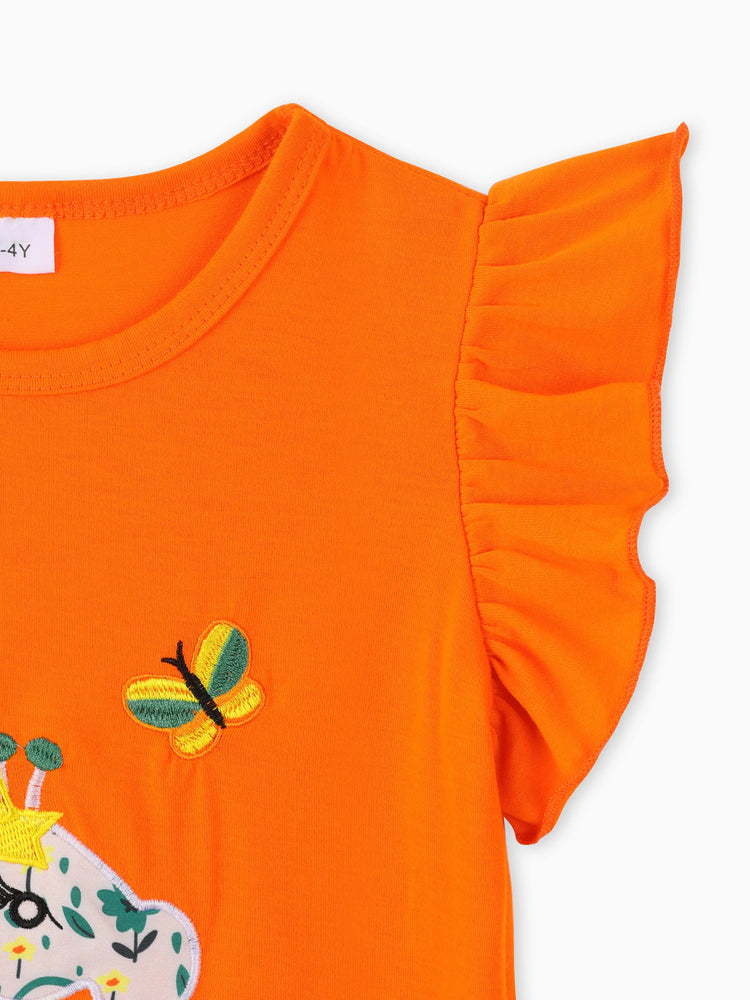 Toddler Girl  2PCS Childlike Giraffe Flutter Sleeve Top and Shorts Set Incarnadinepink