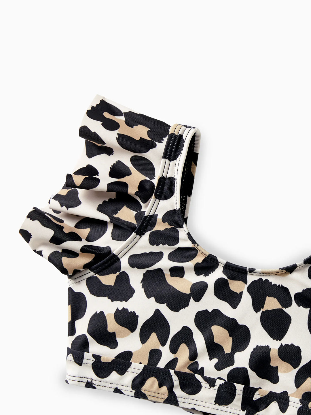 Mommy & me Leopard Pattern Drawstring Ruffle Neck Two-Piece Bikini with Optional Cover Up Sarong Skirt Black