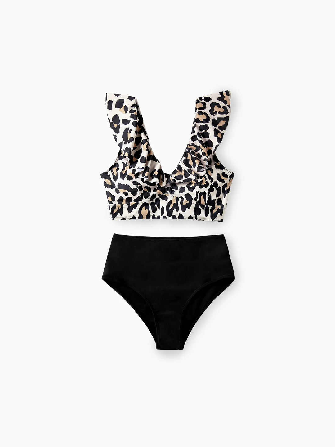 Mommy & me Leopard Pattern Drawstring Ruffle Neck Two-Piece Bikini with Optional Cover Up Sarong Skirt Black