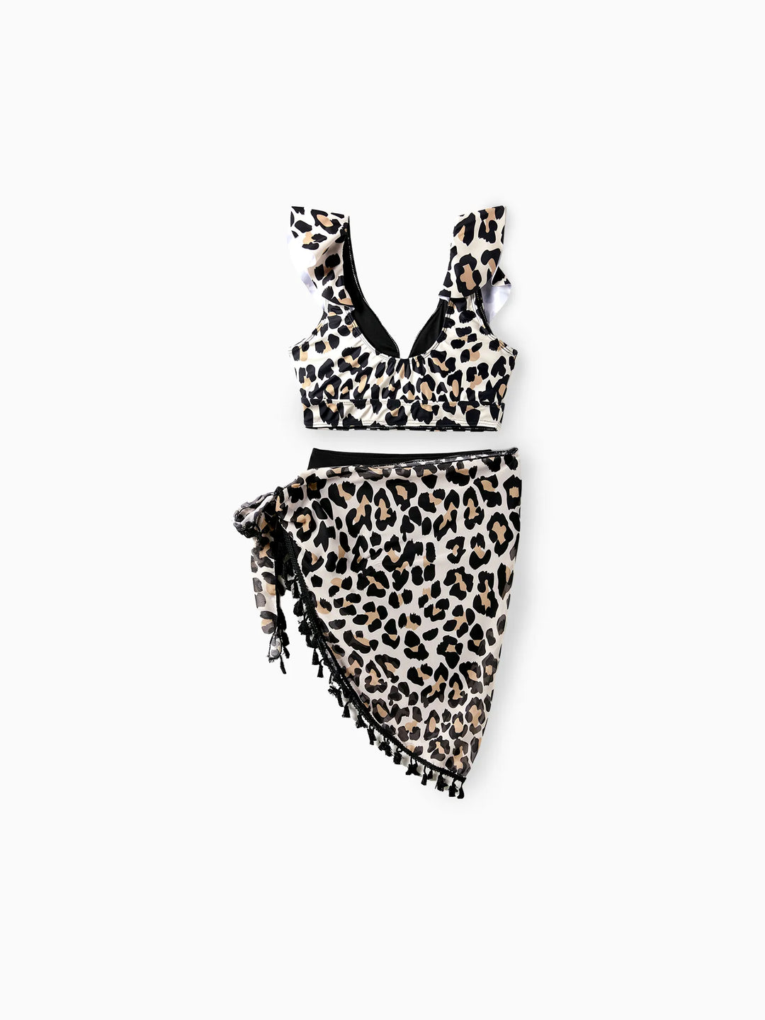 Mommy & me Leopard Pattern Drawstring Ruffle Neck Two-Piece Bikini with Optional Cover Up Sarong Skirt Black