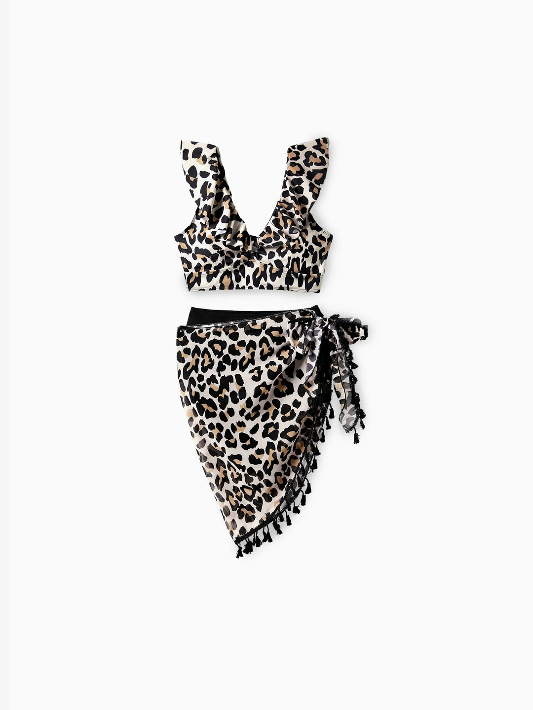 Mommy & me Leopard Pattern Drawstring Ruffle Neck Two-Piece Bikini with Optional Cover Up Sarong Skirt Black