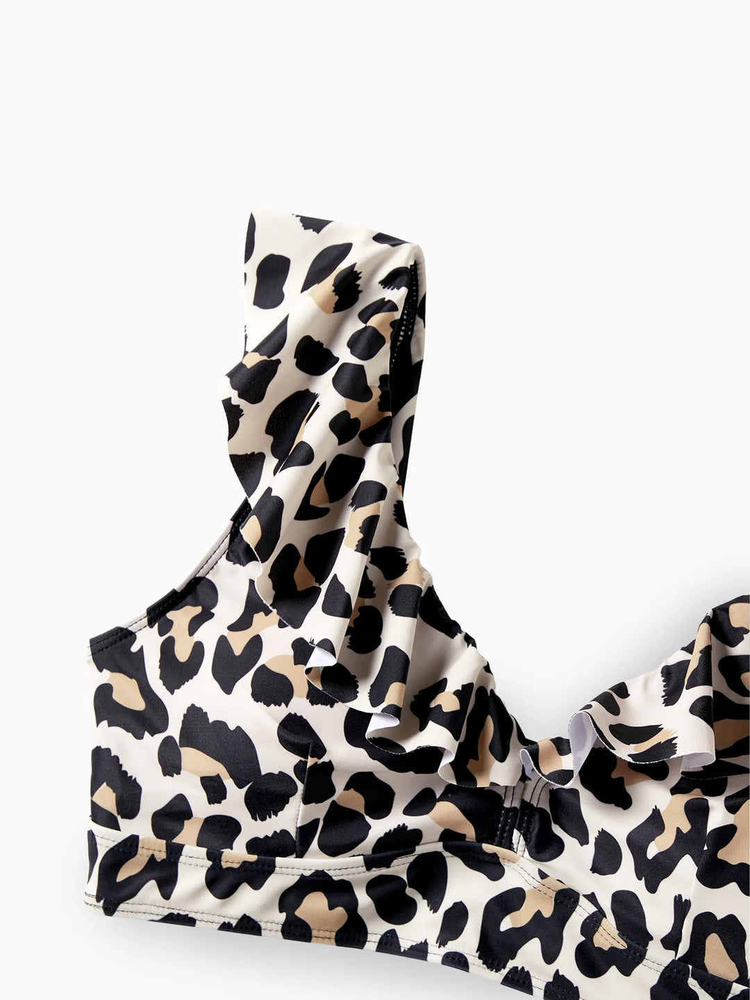 Mommy & me Leopard Pattern Drawstring Ruffle Neck Two-Piece Bikini with Optional Cover Up Sarong Skirt Black