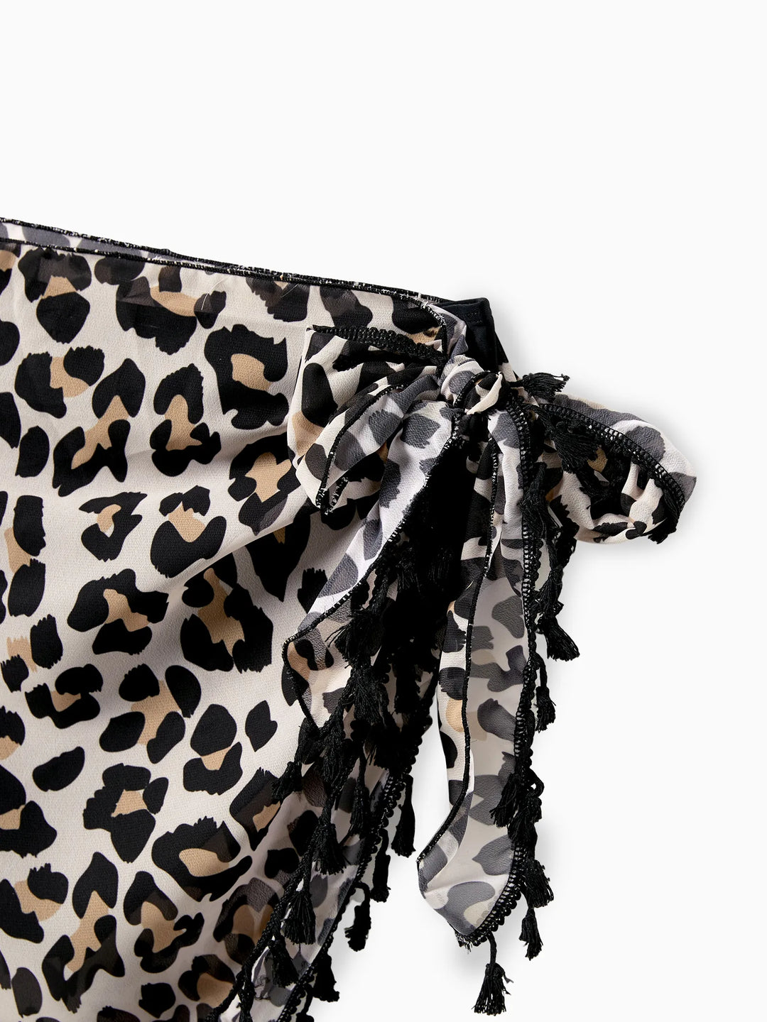 Mommy & me Leopard Pattern Drawstring Ruffle Neck Two-Piece Bikini with Optional Cover Up Sarong Skirt Black