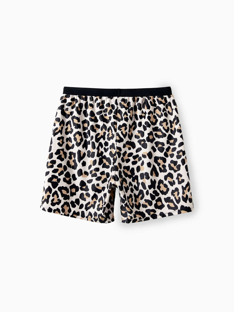 Daddy & Son Leopard Pattern Drawstring Swim Trunks Black