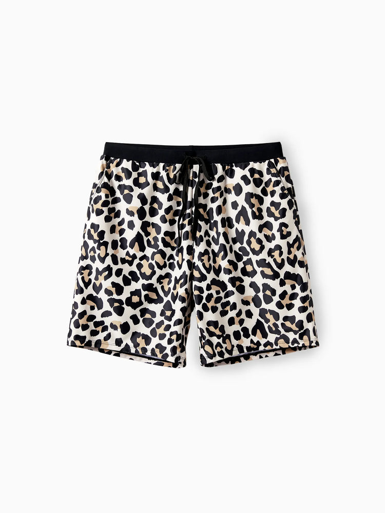 Daddy & Son Leopard Pattern Drawstring Swim Trunks Black