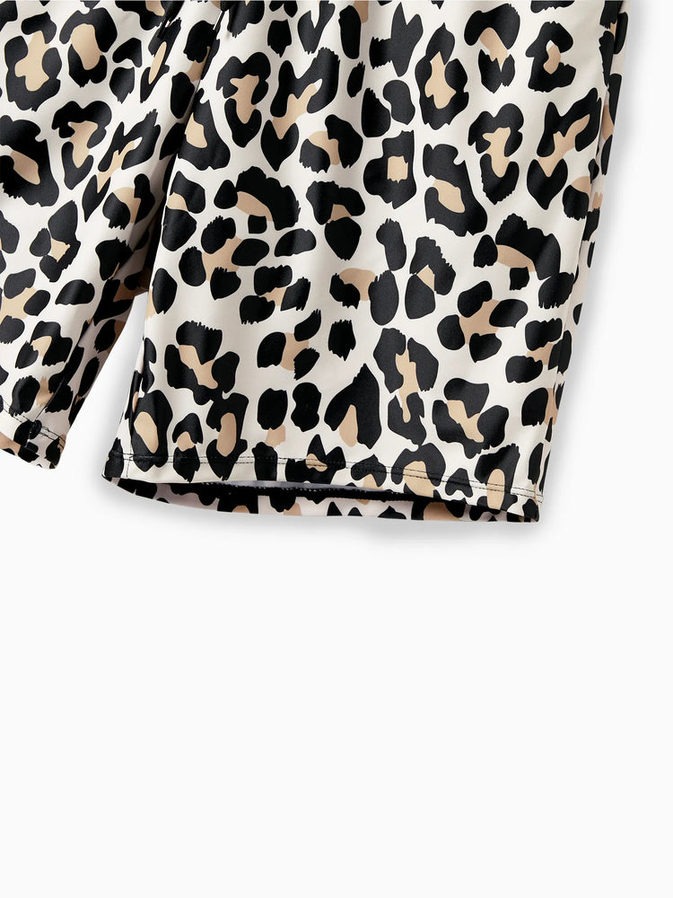 Daddy & Son Leopard Pattern Drawstring Swim Trunks Black