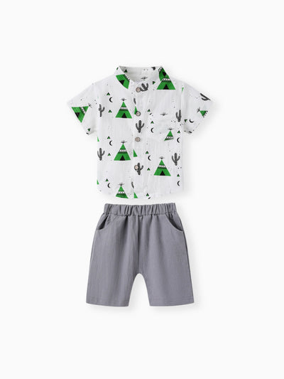 Ensemble 2 pièces pour bébé garçon, 95 % coton, chemise boutonnée à manches courtes et short uni, imprimé cactus, vert