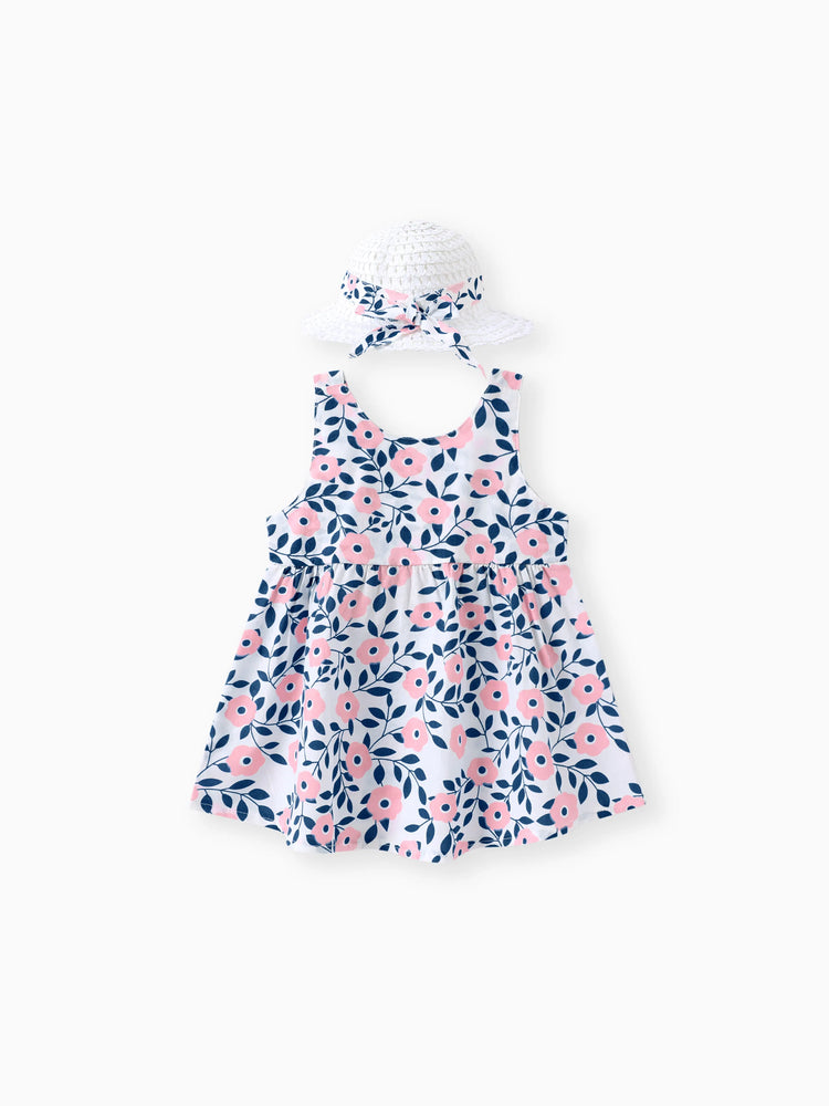 2pcs Floral Print Bowknot Sleeveless Baby Dress & Hat Set Pink