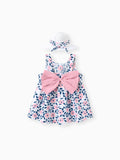 2pcs Floral Print Bowknot Sleeveless Baby Dress & Hat Set Pink