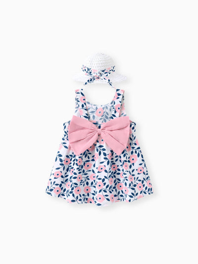 2pcs Floral Print Bowknot Sleeveless Baby Dress & Hat Set Pink
