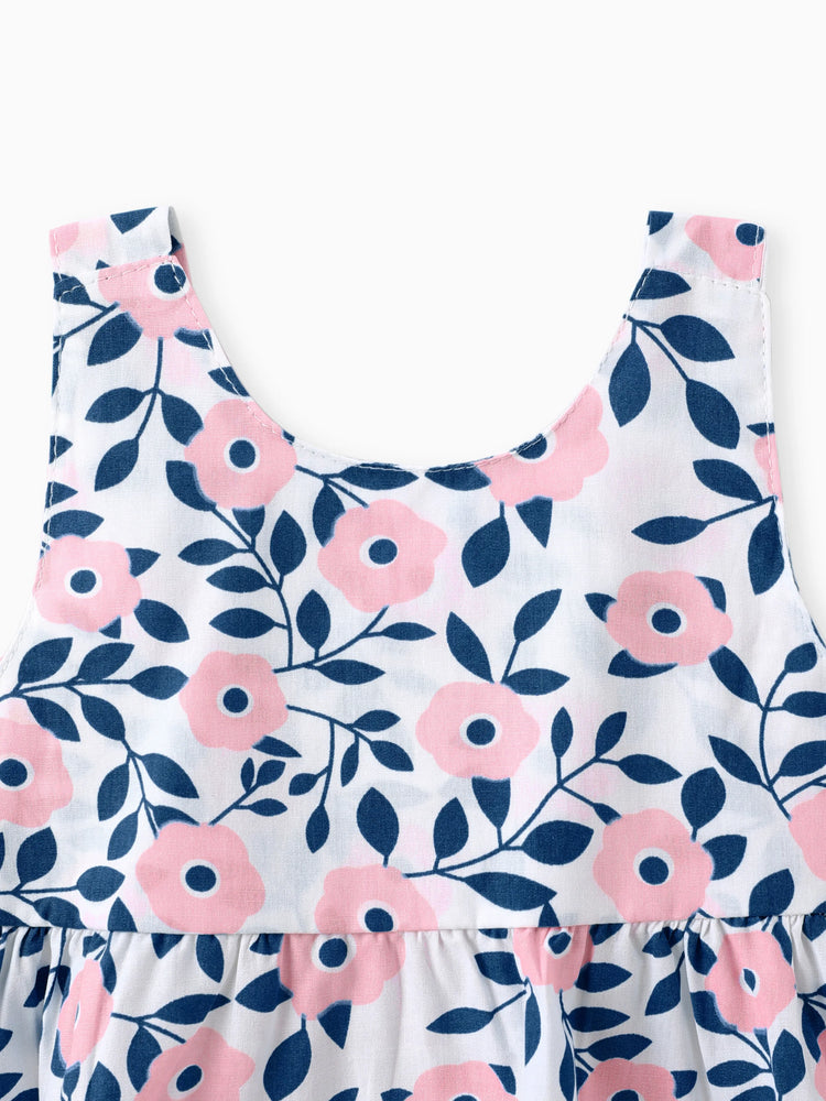 2pcs Floral Print Bowknot Sleeveless Baby Dress & Hat Set Pink