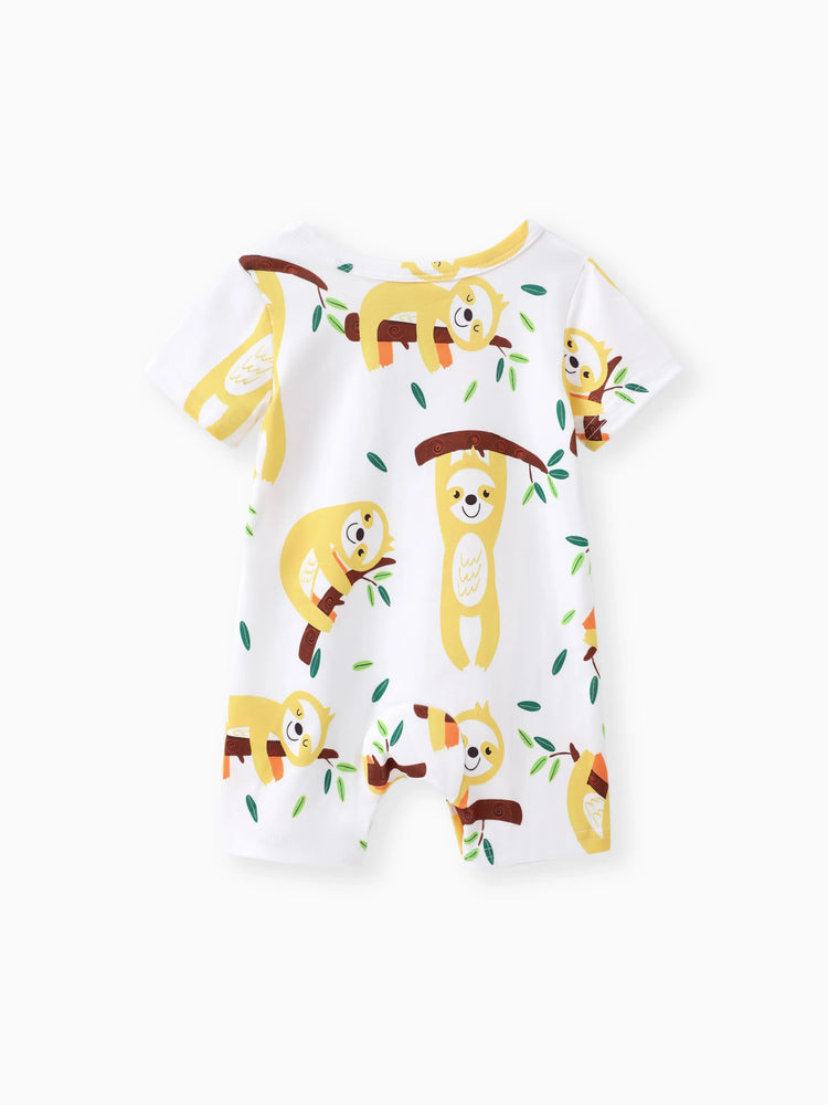 Baby Boy All Over Cartoon Sloth Print Black Short-sleeve Romper White