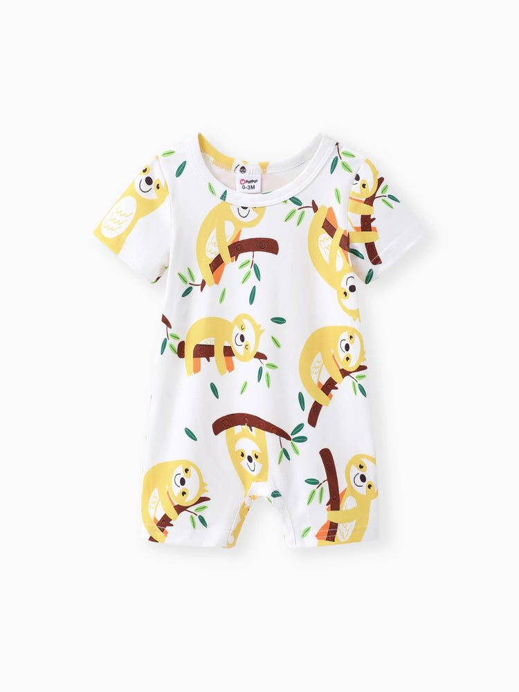 Baby Boy All Over Cartoon Sloth Print Black Short-sleeve Romper White