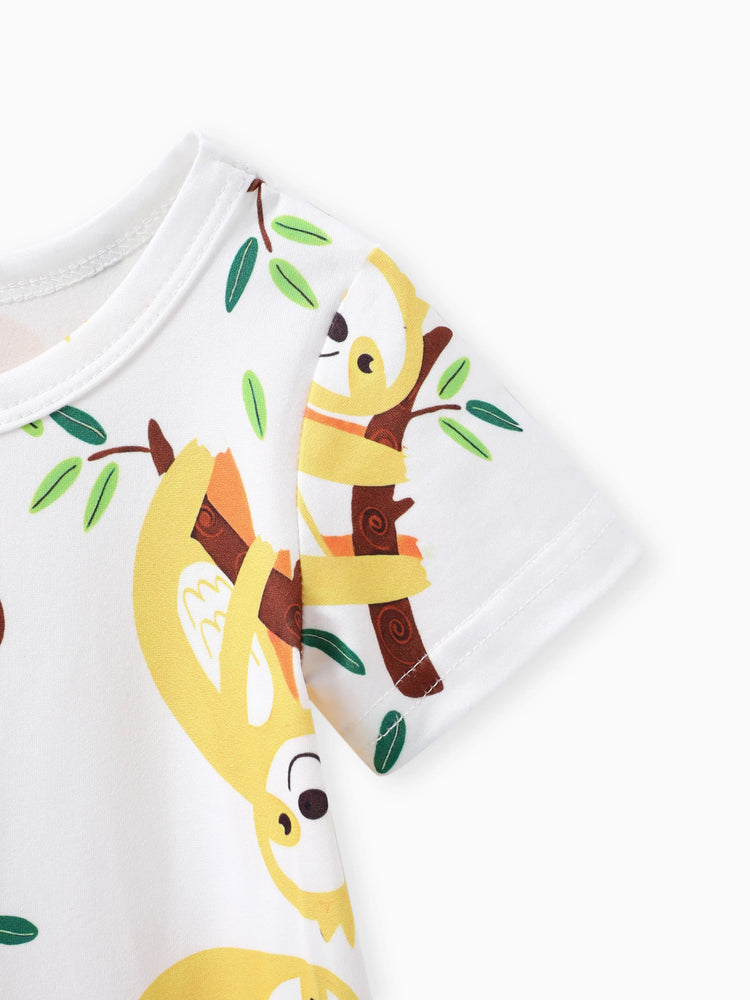 Baby Boy All Over Cartoon Sloth Print Black Short-sleeve Romper White