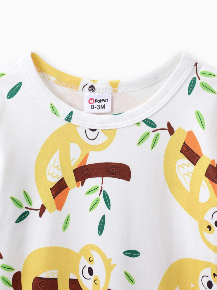 Baby Boy All Over Cartoon Sloth Print Black Short-sleeve Romper White
