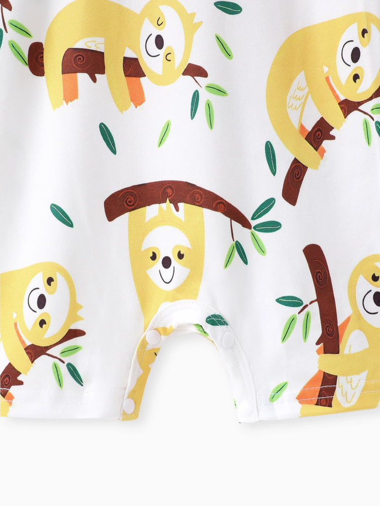 Baby Boy All Over Cartoon Sloth Print Black Short-sleeve Romper White