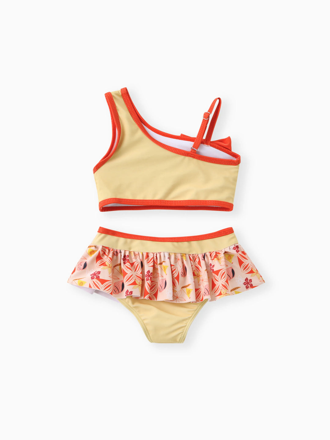 Traje de baño de dos piezas con lazo en los hombros para niña pequeña de Disney Princess Moana, color naranja y amarillo