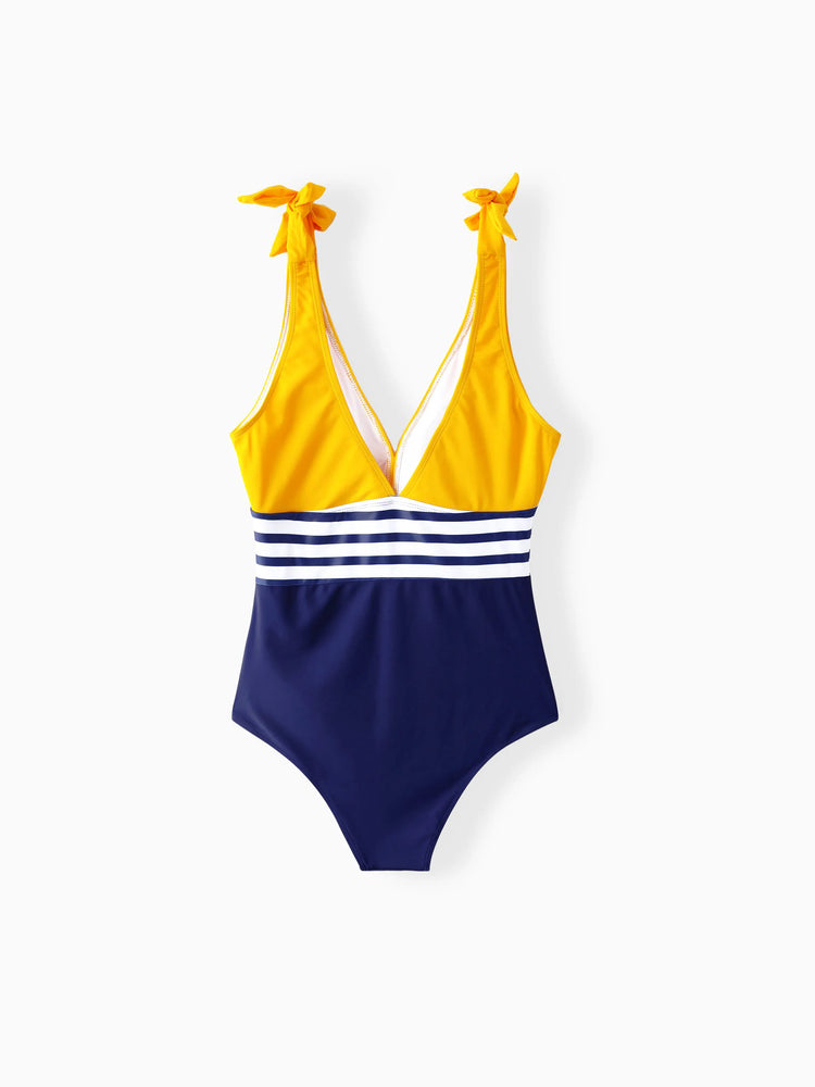 Family Matching Stripe & Colorblock Spliced One Piece Swimsuit or Swim Trunks Shorts ColorBlock