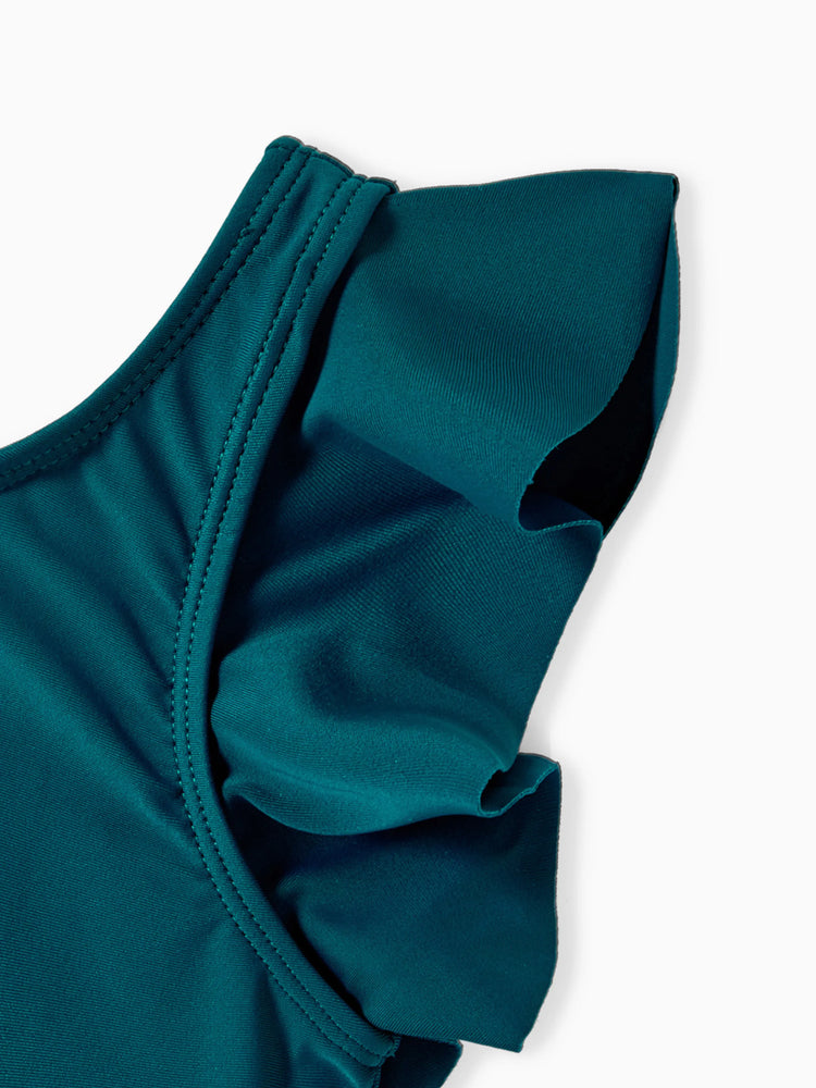 Mommy & me Plant Print Ruffle Trim Spliced One-piece Swimsuit Green