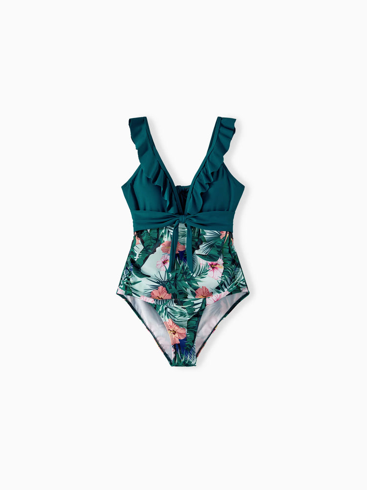 Family Matching Plant Print Ruffle Trim Spliced One-piece Swimsuit or Swim Trunks Green