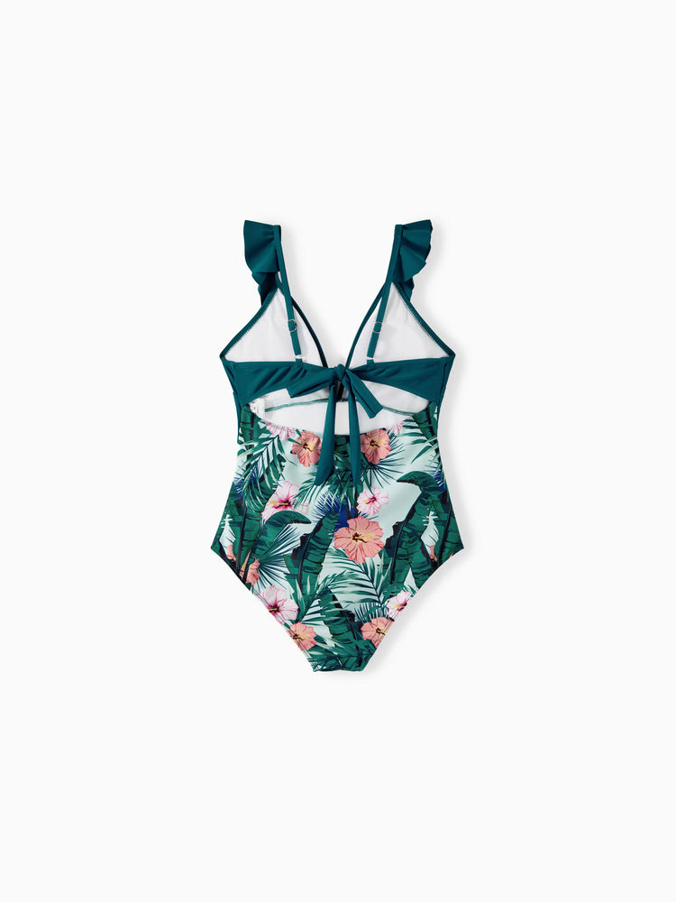 Family Matching Plant Print Ruffle Trim Spliced One-piece Swimsuit or Swim Trunks Green