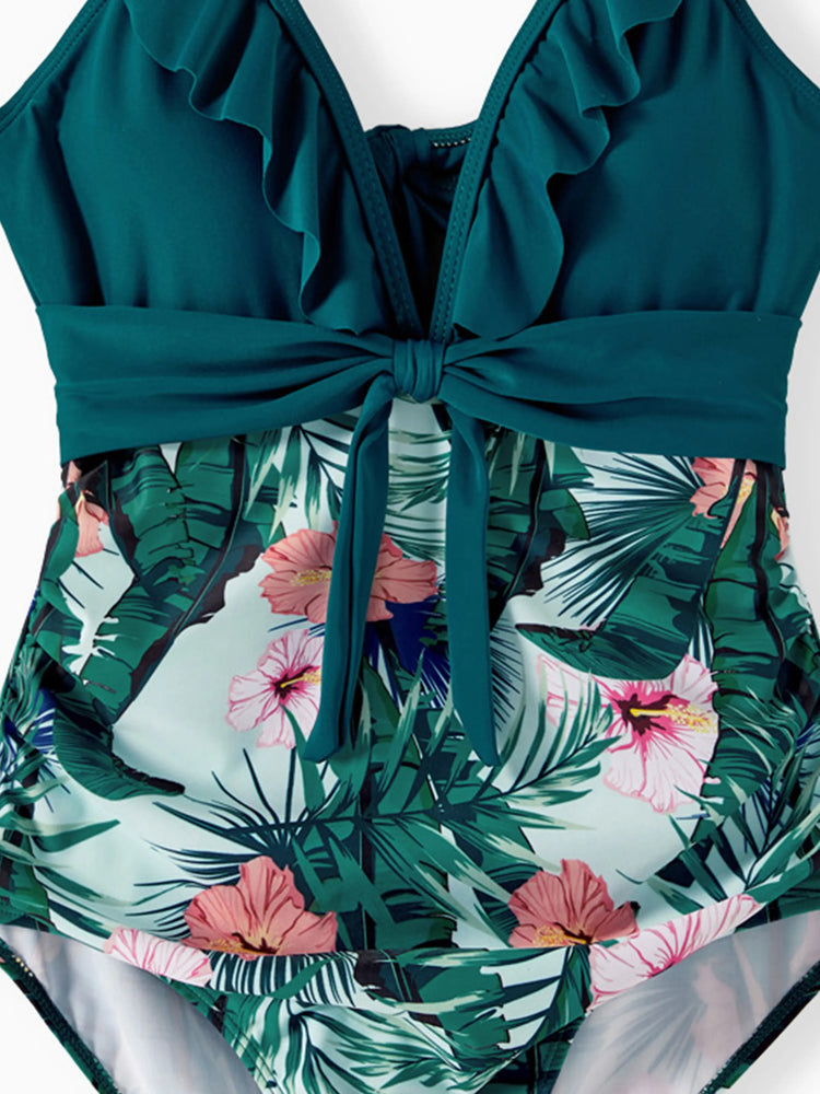 Mommy & me Plant Print Ruffle Trim Spliced One-piece Swimsuit Green
