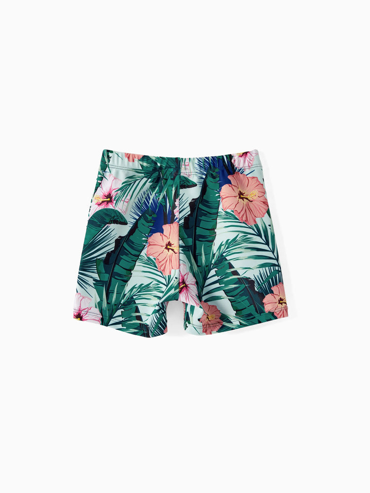 Daddy & Daughter Plant Print Ruffle Trim Spliced One-piece Swimsuit or Swim Trunks Green