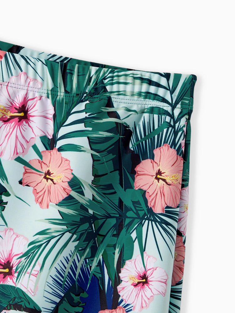 Family Matching Plant Print Ruffle Trim Spliced One-piece Swimsuit or Swim Trunks Green