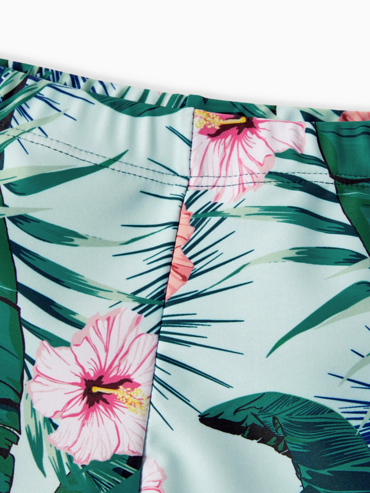 Family Matching Plant Print Ruffle Trim Spliced One-piece Swimsuit or Swim Trunks Green