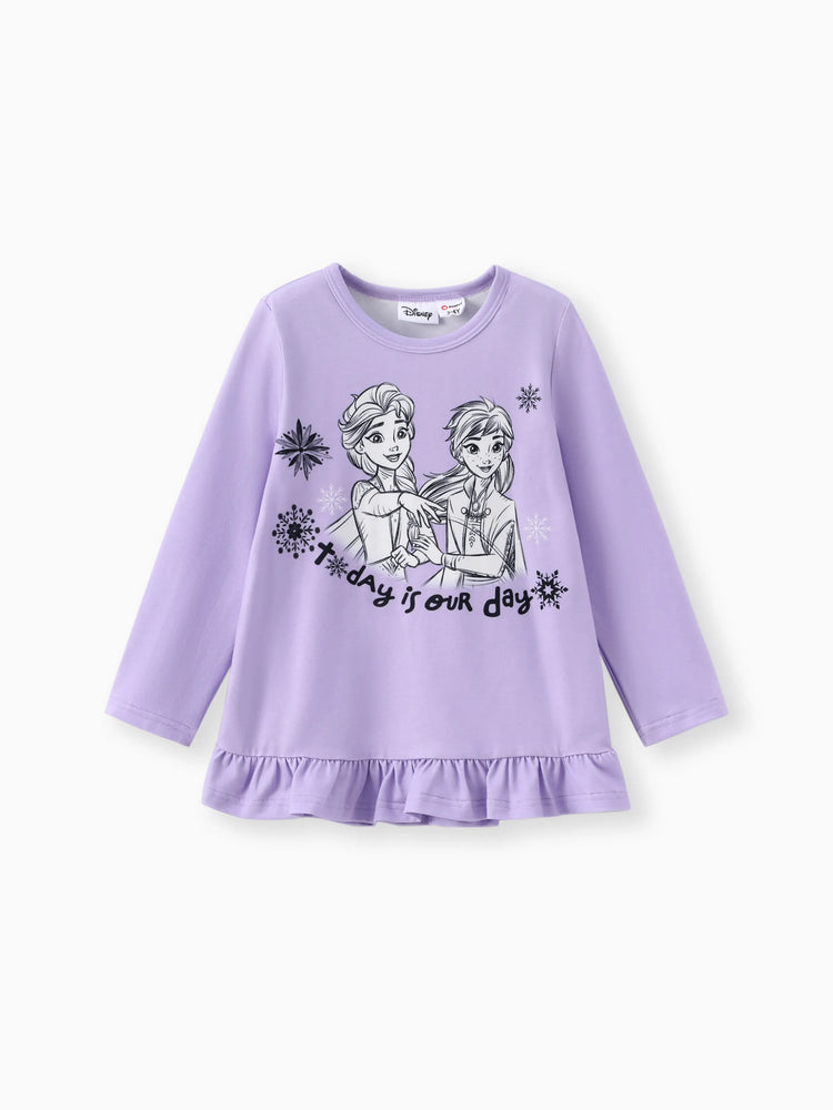Disney Frozen Toddler Girl Elsa and Anna 2pcs Naia? Ruffle-hem Floral Top with Leggings Set Purple
