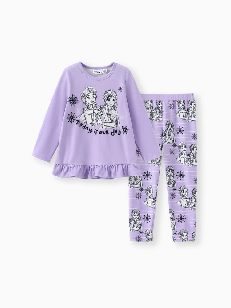 Disney Frozen Toddler Girl Elsa and Anna 2pcs Naia™ Ruffle-hem Floral Top with Leggings Set Purple