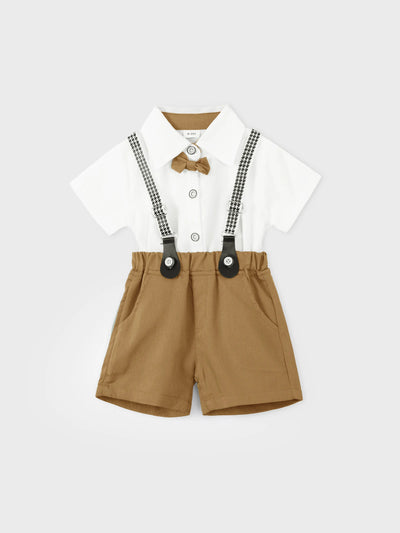 Ensemble chemise à nœud papillon et short à bretelles pour bébé garçon, marron