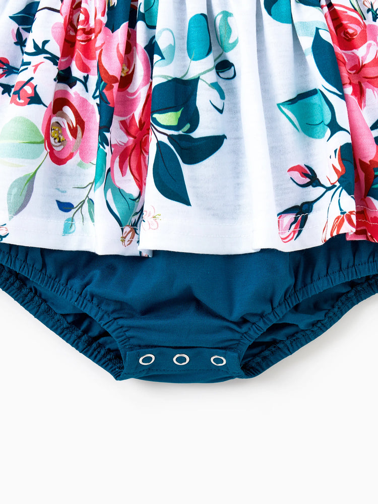 Mommy & me Solid V Neck Flutter-sleeve Splicing Floral Print Dresses  Sets Azure-