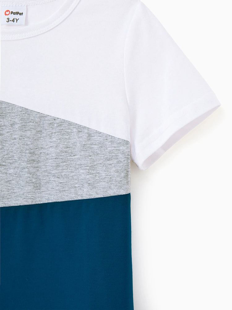 Family Matching Solid V Neck Flutter-sleeve Splicing Floral Print Dresses and Short-sleeve Colorblock T-shirts Sets Azure-