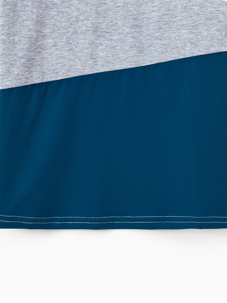 Family Matching Solid V Neck Flutter-sleeve Splicing Floral Print Dresses and Short-sleeve Colorblock T-shirts Sets Azure-