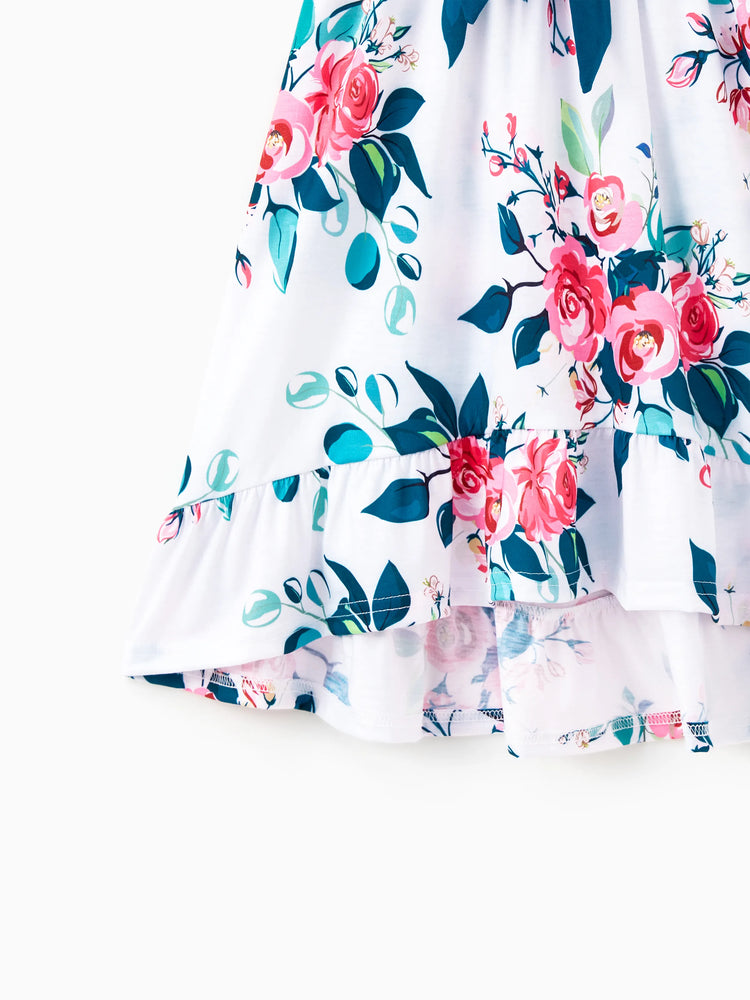 Family Matching Solid V Neck Flutter-sleeve Splicing Floral Print Dresses and Short-sleeve Colorblock T-shirts Sets Azure-